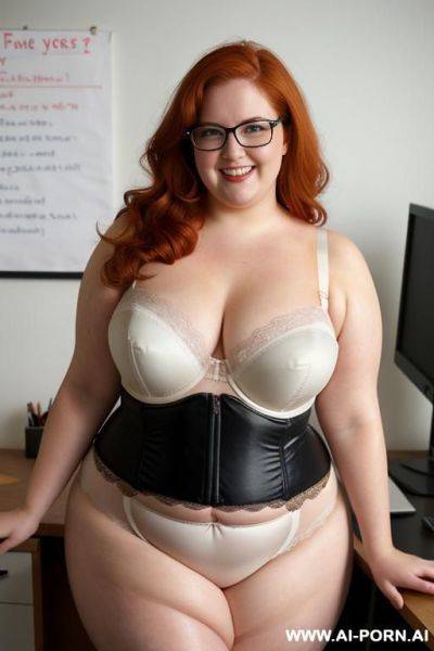 Half body photo shot, dinamyc angle, about an office, fat bbw chubby with love handless and tummy, wearing a sexy and hot bustier lingerie, very fat and obese wearing a teacher glasses - ai-porn.ai on pornsimulated.com