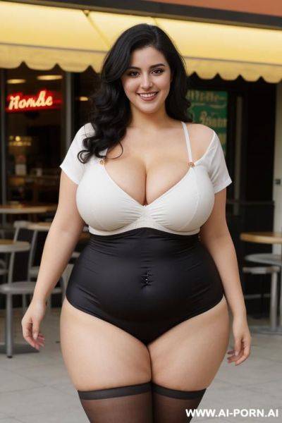 Hourglass figure, pear shaped, tight shirt, extra thicc, fat woman, deep belly button - ai-porn.ai on pornsimulated.com