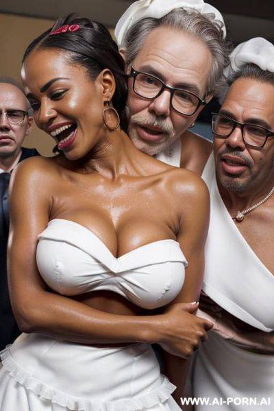 ((((medium shot)))) ((((hugging oldman behind )))) at office celebration pretty face black african wife on stage bathes in beer a lot of beer suds lot jacket men looks at her close up around - ai-porn.ai on pornsimulated.com