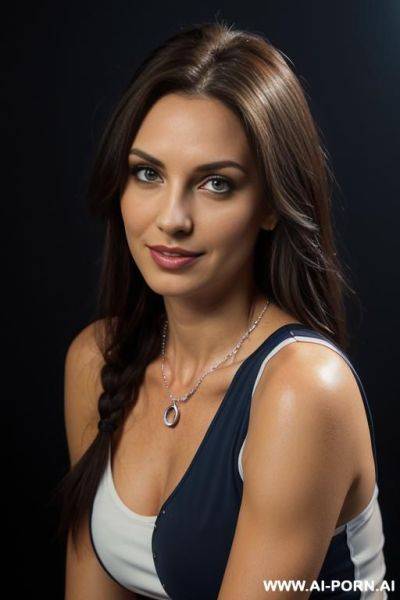 ((white shirt)) (((a tide tight white sleeveless shirt)))), (pretty face), (wide hips), (inviting eyes), (long voluminous hair), (necklace), (a neckline diving on her breasts ) ((black dark - ai-porn.ai on pornsimulated.com