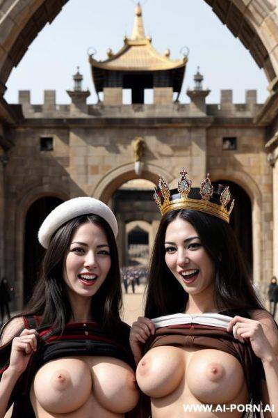 Flanking royal palace gate, historical dress, historical militar headdress, lots of people - ai-porn.ai on pornsimulated.com