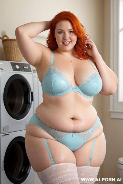 Half-length photo, as a setting in the laundry area, a fat chubby obese fat thick and bbw redhead british, she is washing clothes and is soaked in foamy water. she has lovehandless and a - ai-porn.ai - Britain on pornsimulated.com