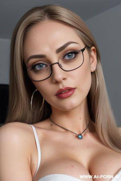 Blonde hair blue eyes eyeglasses (big eyes) (((ahegao))) (sexy pose) (photoshoot) ((gorgeous model)) (((full lips))) (hoop earrings) (hair accessory) ((seductive)) (submissive) (((hourglass figure))) - ai-porn.ai on pornsimulated.com