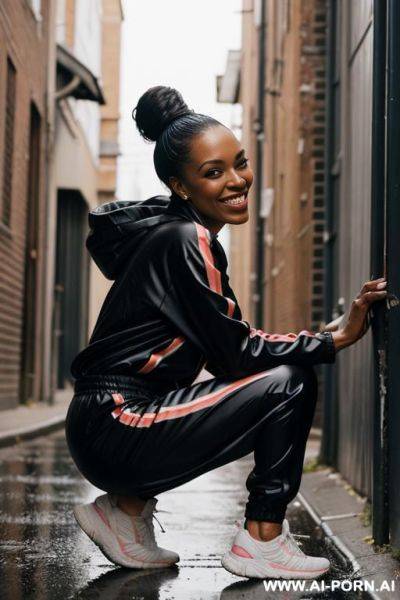 Black woman squatting in messed up alley corner on wet spot, legs apart, jogging-suit, holding tissues, side-view - ai-porn.ai on pornsimulated.com