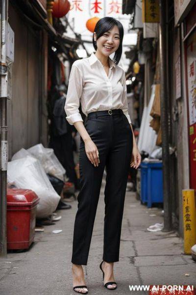 Messy chinese market woman dump alley corner, legs apart, shirt, pants, side-view - ai-porn.ai - China on pornsimulated.com
