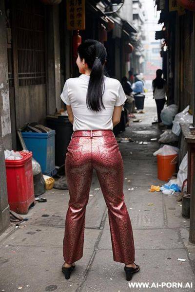 Messy chinese market woman bending down to ground in dump alley corner, shirt, pants, - ai-porn.ai - China on pornsimulated.com