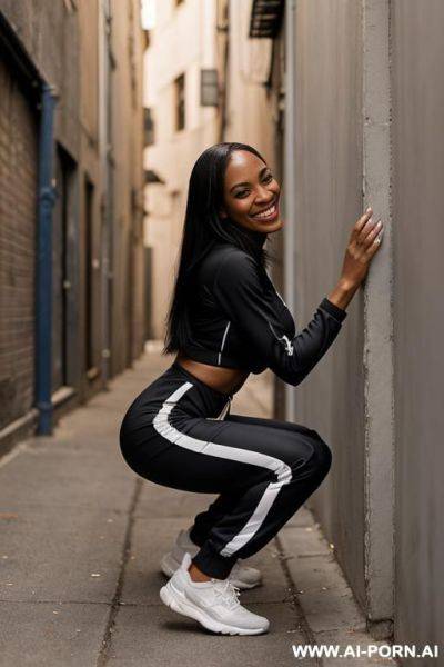 Black woman squatting in trahsy alley corner, jogging-suit side-view - ai-porn.ai on pornsimulated.com