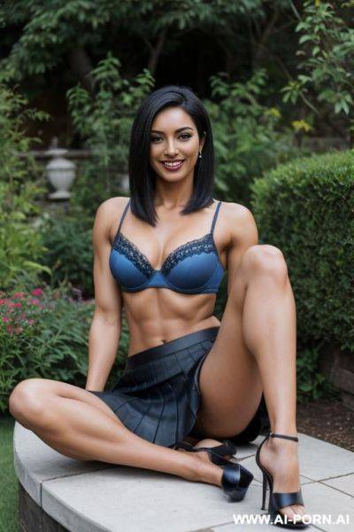 Indian, dusky, short hair, fit, abs, arm up, muscular arms, big ass, tall, long legs, navel piercing, blue bra, blue pleat skirt, looking at camera, full body, stiletto, in garden, sitting cross-legged, open mouth, eyes closed - ai-porn.ai - India on pornsimulated.com
