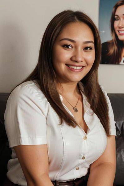 (((face closeup))), (((fat face))), (((extremely long hair))), looking at viewer, front facing, (((headshot))), front view, a chubby shorty filipina milf is modeling in a studio. she has her hands - ai-porn.ai on pornsimulated.com