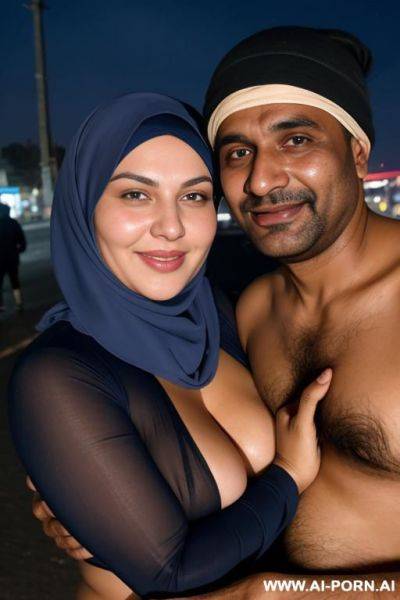 Smiling curvy russian thick wife topless wearing hijab hugged from homeless indian man at night - ai-porn.ai - Russia - India on pornsimulated.com