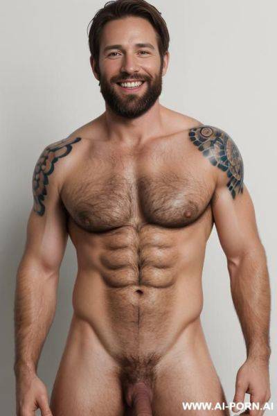 (realistic), (photorealistic), (real photo), (30 years old man), (full photo), brown hair, beard, mischievous smile, muscular, very hairy, completely naked, attractive, big penis, totally naked, full - ai-porn.ai on pornsimulated.com