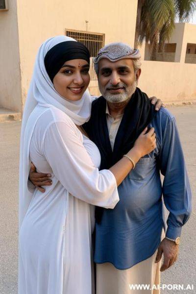 Smiling curvy white saudi chubby wife topless wearing hijab hugged from homeless indian man - ai-porn.ai - India - Saudi Arabia on pornsimulated.com