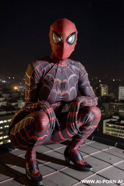 (woman wearing (ghost-spider hero outfit)) (crouching on city rooftop at night) - ai-porn.ai on pornsimulated.com