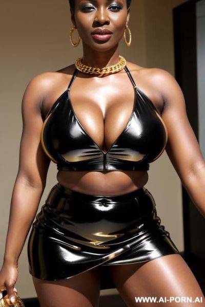 Gold shiny croptop, short black skirt, oiled skin, massive breasts, cleavage, mature, african - ai-porn.ai on pornsimulated.com