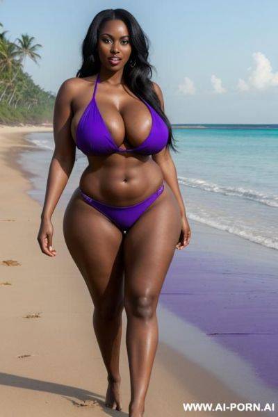Tall busty african hotwife, pretty face, thick lips, long slick black hair, black eyes, massive boobs, waist, abs, huge ass, wide hips, thick legs, seductive, beach, standing up, full body picture, purple micro bikini, barefoot, - ai-porn.ai on pornsimulated.com