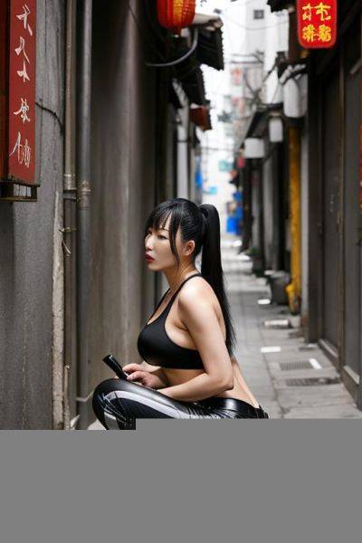 Messy chinese woman squatting in alley corner, top, pants, side-view - ai-porn.ai - China on pornsimulated.com