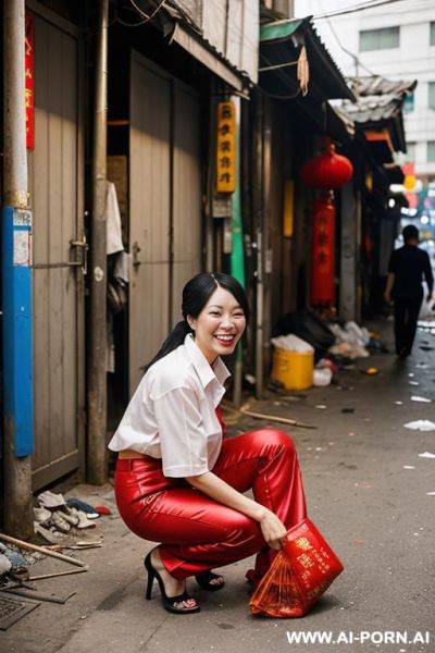Messy chinese market woman bending down to ground in dump alley corner, legs apart, shirt, pants, side-view - ai-porn.ai - China on pornsimulated.com