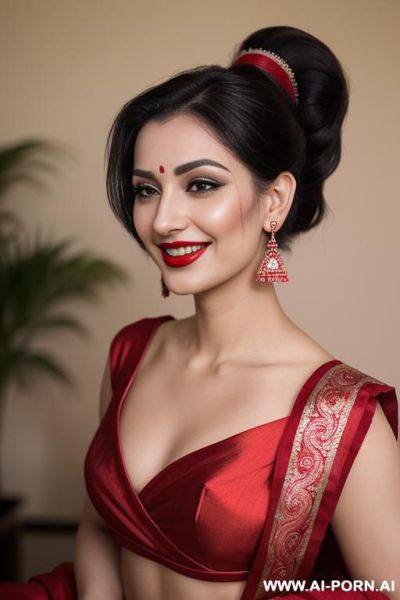 In red saree and beautiful makeup with red lipstick - ai-porn.ai on pornsimulated.com
