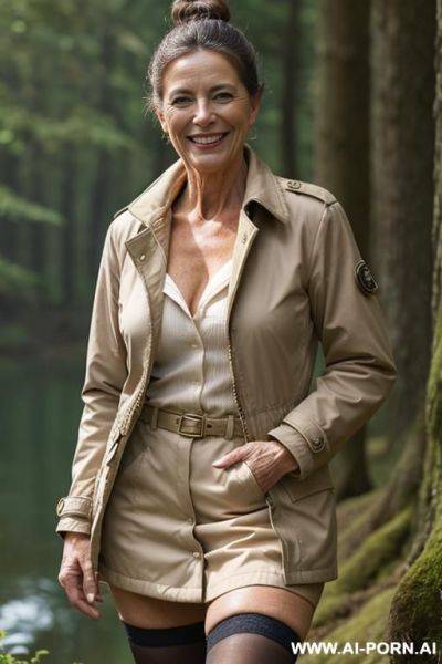 French female ranger in nature outdoorjacket, nude, stockings, hairy pussy, standing - ai-porn.ai - France on pornsimulated.com