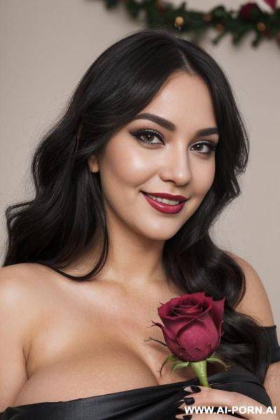 ((slutty woman ssbbw)), (((holding one rose in front self))), petals matte ends black, (glowing rose closeup), (black torn witch dress), ((one bare shoulder)), ((pulled down dress and shows her - ai-porn.ai on pornsimulated.com