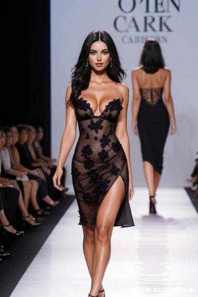 Gorgeous dark haired woman in a runway show catwalking with a skimpy cleavage flowered dress - ai-porn.ai on pornsimulated.com