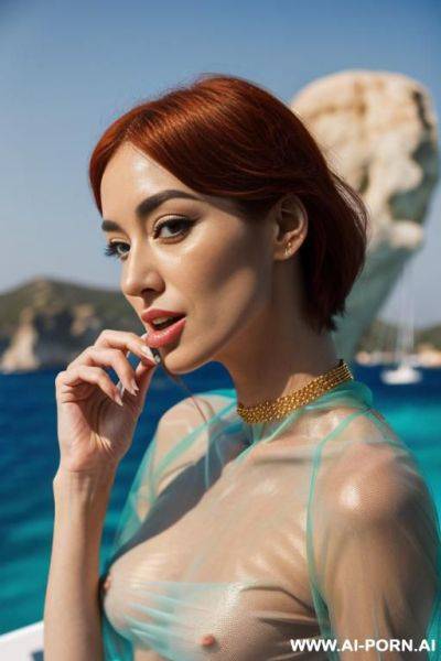 ((gorgeous woman)) on (sailing boat) on crystal clear turquoise mediterranean water , redhead hair, golden armband golden anklets golden high heels golden sexy lace panties, beautiful face ancient - ai-porn.ai on pornsimulated.com
