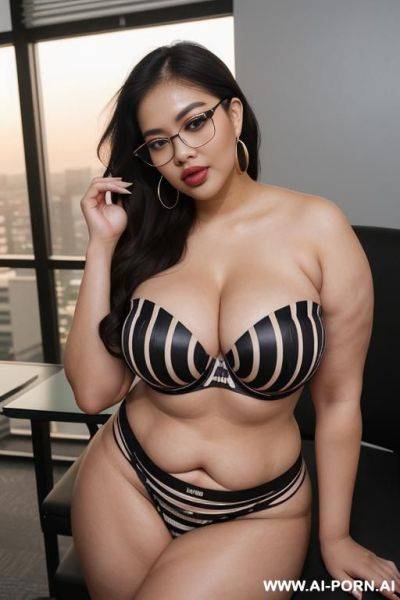 Office, malaysian model,, extra thicc, (((black striped strapless bra))), (((black striped high leg thong panties))), (((office))) (((ahegao))) ((foxy)) ((sexy pose)) (photoshoot) ((gorgeous model)) (((full - ai-porn.ai - Malaysia on pornsimulated.com