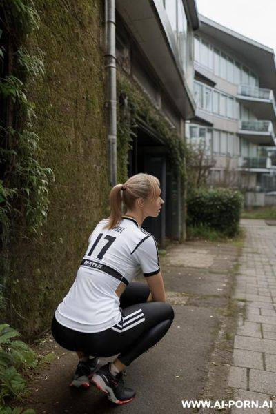 Short, slender, soccershirt, leggings, ponytail, messy undergrowth near building, backview - ai-porn.ai on pornsimulated.com
