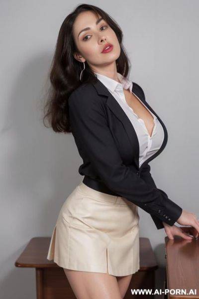 Dark red lipstick, blue eyes, (((gigantic boobs))), sexy blazer, skirt, (((extreme long strong voluminous hair))), (((ultra realistic))). (hoop earrings) hooker, (((looking at viewer))). - ai-porn.ai on pornsimulated.com