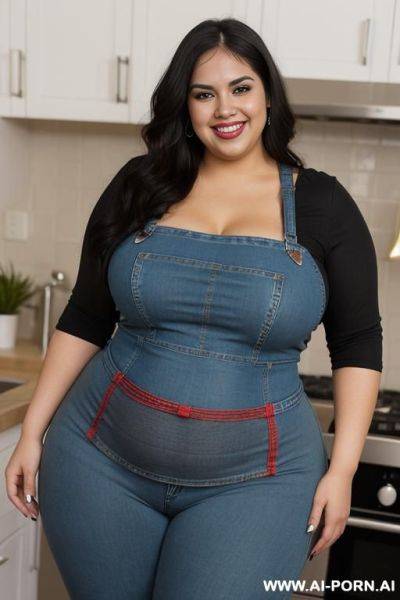 Hot latina, chicana, tight jeans, very wide hips, smiling, super pretty, rotund, obese, ssbbw, wearing red apron - ai-porn.ai on pornsimulated.com