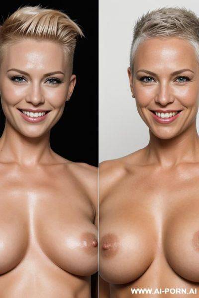 This image is a collage of two photos of lesbians scandinavian blond playmate smiling, full nude body, shaved sides hair - ai-porn.ai on pornsimulated.com