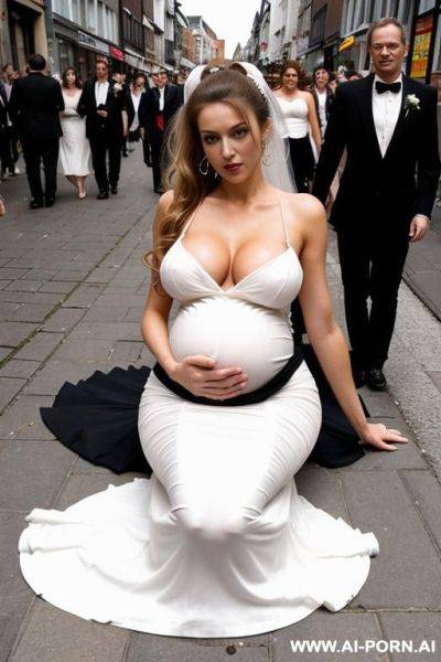 (facial), (cum:1.3), gigantic breasts, pregnant, gangbang, wedding dress, full body, high ponytail, dutch hair, anal_object_insertion, lie down on the street, crowd, - ai-porn.ai - Netherlands on pornsimulated.com