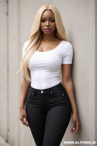 Black woman, jeans, white top, long hair, blonde hair - ai-porn.ai on pornsimulated.com