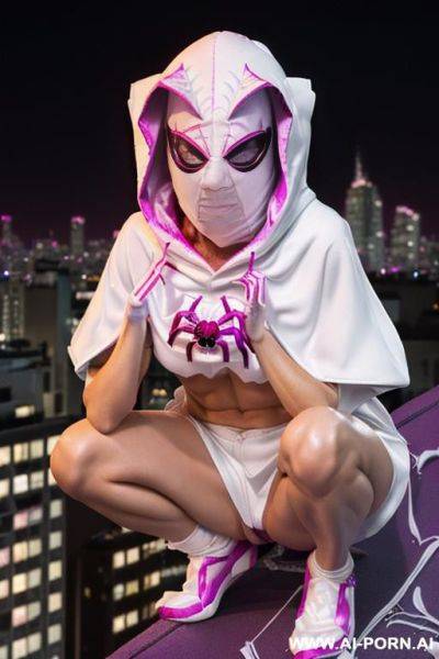 ((woman wearing (white and magenta ghost-spider hero outfit (hood up) (spider hero mask on)) (topless) (short blonde hair)) (crouching on city rooftop at night) - ai-porn.ai on pornsimulated.com