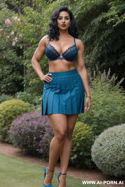 Indian, short hair, fit, abs, curvy, muscular arms, big ass, tall, long legs, navel piercing, blue bra, blue pleat skirt, looking at camera, full body, stiletto, in garden, open mouth, eyes closed - ai-porn.ai - India on pornsimulated.com