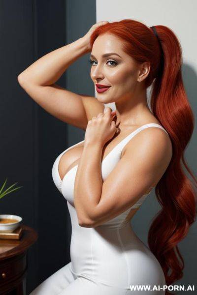 Full view, gorgeous thick cacked woman , very long ponytail red hair, fallout tits , beautiful boobs, natural pretty body, eye contact - ai-porn.ai on pornsimulated.com