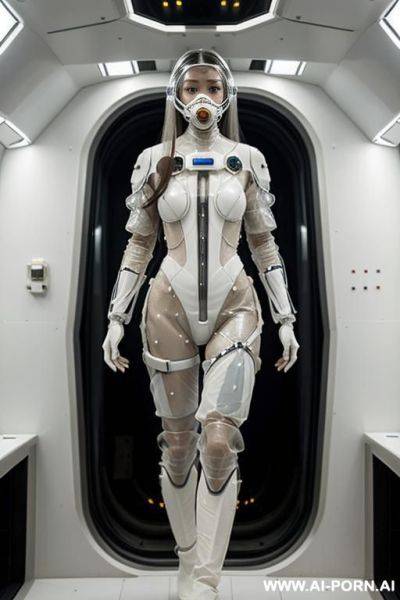 (gorgeous woman in (partially transparent armored environmental suit) (wearing oxygen mask) (very white skin)) (long straight hair) (spacecraft launch bay) - ai-porn.ai on pornsimulated.com