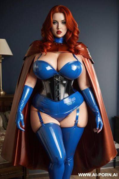 Blue latex stockings; blue latex corset; red latex cape; gigantic boobs; obese; open legs; - ai-porn.ai on pornsimulated.com