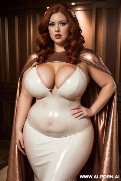 Latex wedding dress; latex cape; gigantic boobs; obese; full shot; - ai-porn.ai on pornsimulated.com
