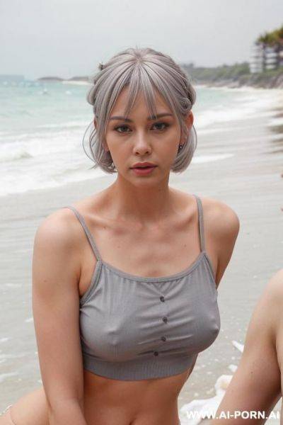 Short gray hair, puffy nipples, white shinig through shirt - ai-porn.ai on pornsimulated.com