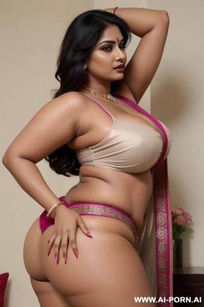 Beautiful and sexy woman, indian, big boobs, big ass, slutty pose, nude, saree, seductive, curvy, horny, arms stretching, arched back, voluptuous, slutty expression, milf, boobs hanging out of clothes, natural boobs, , armpit - ai-porn.ai - India on pornsimulated.com