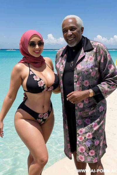 Smiling curvy russian thick body wife wearing hijab and floral monokini standing with naked black old man - ai-porn.ai - Russia on pornsimulated.com