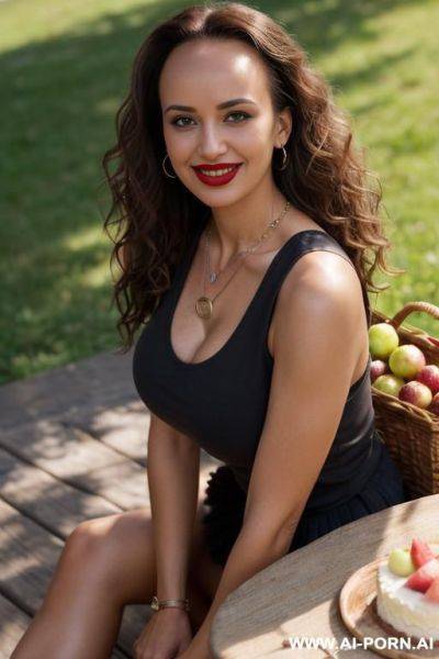 English, brunette, messy hair, 30, white skin, perfect boobs, slight smile, makeup, standing, naked, spreading legs, showing pussy, garden. - ai-porn.ai - Britain on pornsimulated.com