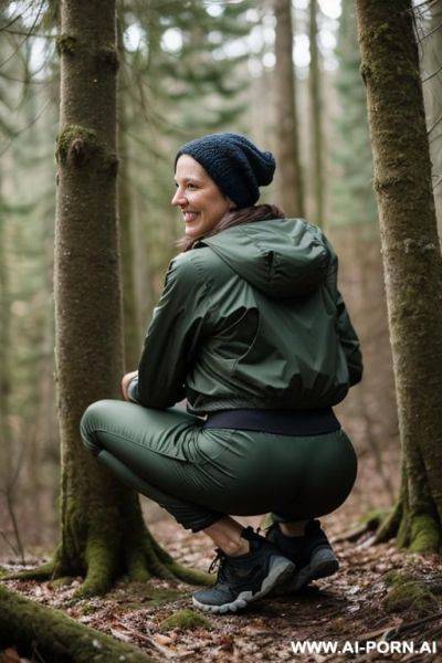 Mature slender french hikerwoman, squatting in forest undergrowth, outdoorjacket, pleated pants, smiling - ai-porn.ai - France on pornsimulated.com