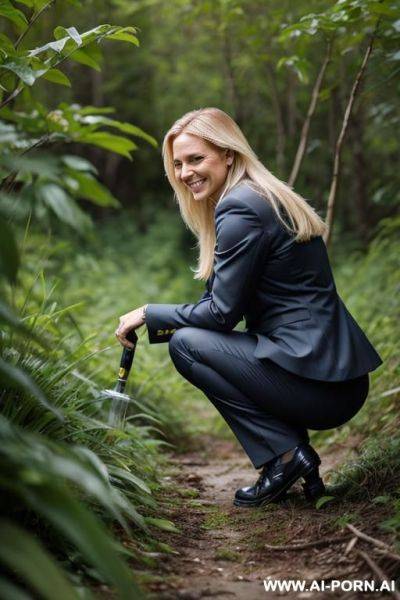 Swedish woman squatting in underbrush in weeds, jacket, pleated trousers, smiling, her chest drips water onto ground - ai-porn.ai - Sweden on pornsimulated.com