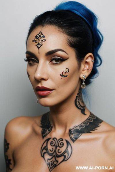 Show me a photo of someone with stretched ears and facial tattoos - ai-porn.ai on pornsimulated.com