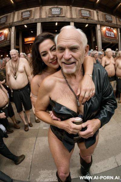 ((((view fish eye lens view)))) ((((hugging behind oldmen)))) at dusk at the outdoor motorcycle coustom festival pretty italian woman on stage bathes in beer a lot of beer suds lot leather men - ai-porn.ai - Italy on pornsimulated.com