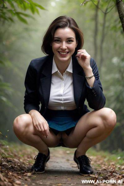 Slender french, squatting in underbrush, shirt, jacket, skirt, hairy pussy dripping water - ai-porn.ai - France on pornsimulated.com
