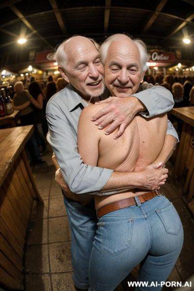 ((((view fish eye lens view)))) ((((hugging two oldmen)))) at dusk at the outdoor motorcycle coustom festival pretty italian woman on stage bathes in beer a lot of beer suds lot leather men - ai-porn.ai - Italy on pornsimulated.com