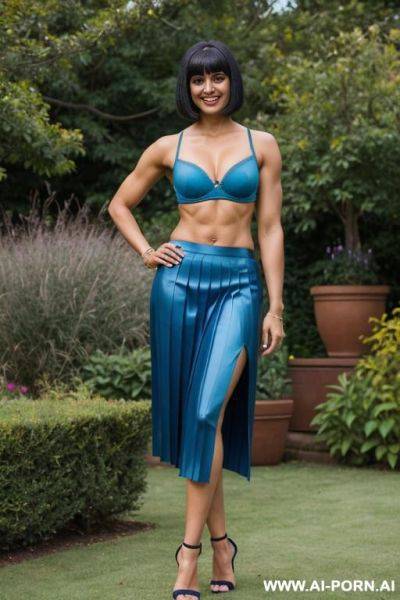 Indian, short hair, fit, abs, muscular arms, big ass, tall, long legs, navel piercing, blue bra, blue pleat skirt, looking at camera, full body, stiletto, in garden - ai-porn.ai - India on pornsimulated.com